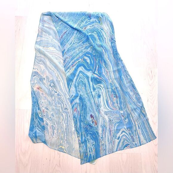 Vintage Blue silk chiffons Italian bargello design scarf rolled edge - Picture 1 of 5